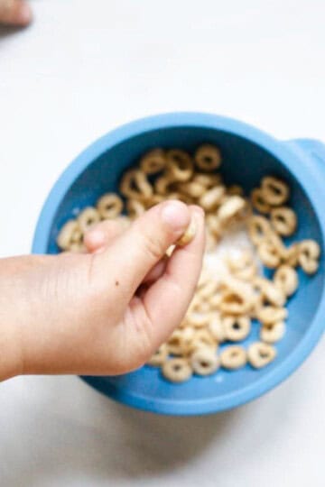 baby using pincer grasp to pick up wet cheerios from a blue bumpkins bowl