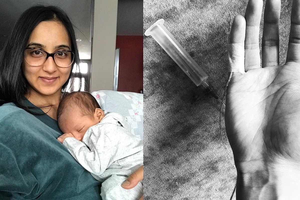 Nita Sharda holding her newborn baby alongside a black and white image of a supplemental nursing system