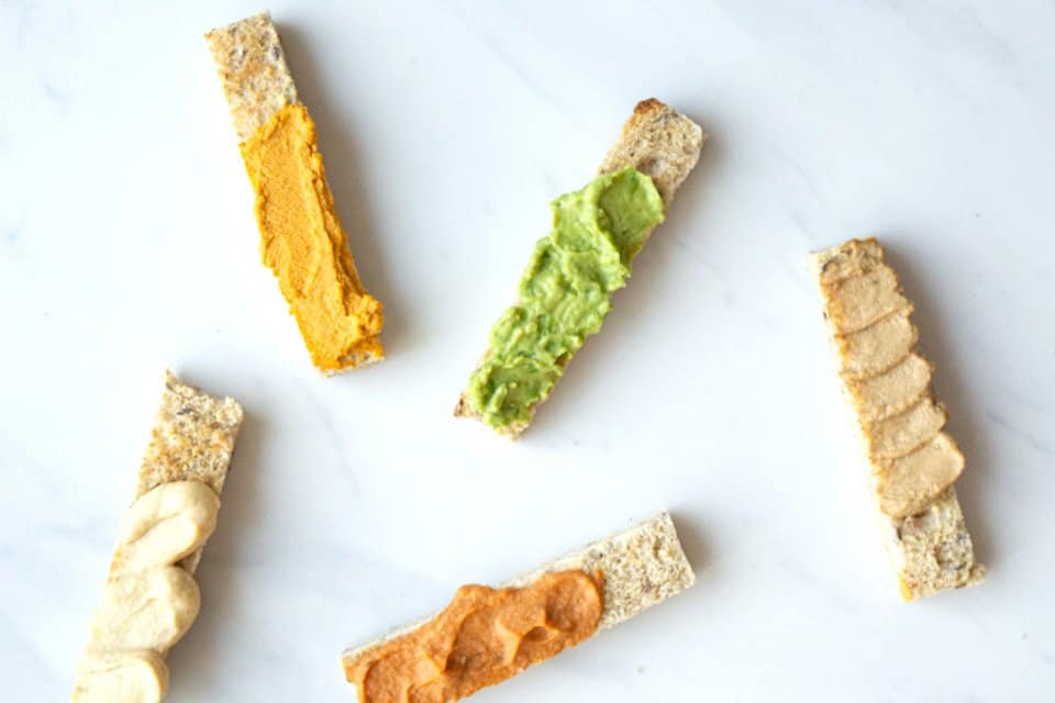 Toast strips for baby led weaning with five different toast toppings