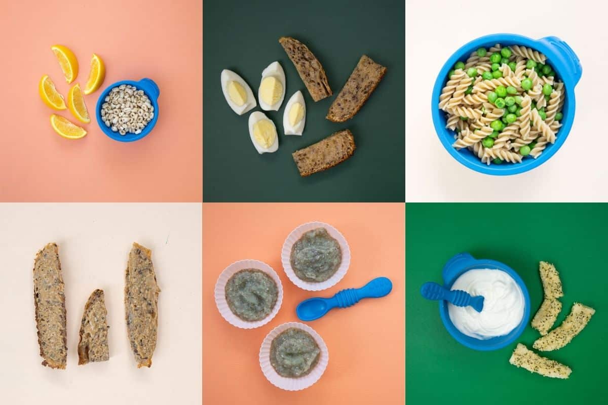 six different snack ideas for babies including toast sticks, yogurt with hemp heart bananas, eggs and toast, chia squeeze and pasta and peas