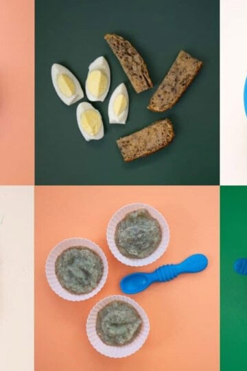 six different snack ideas for babies including toast sticks, yogurt with hemp heart bananas, eggs and toast, chia squeeze and pasta and peas