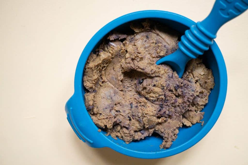 baby food puree of sweet potatoes, blueberries, and almond butter