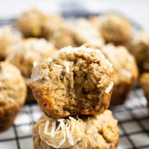 close up of stacked baby banana muffins