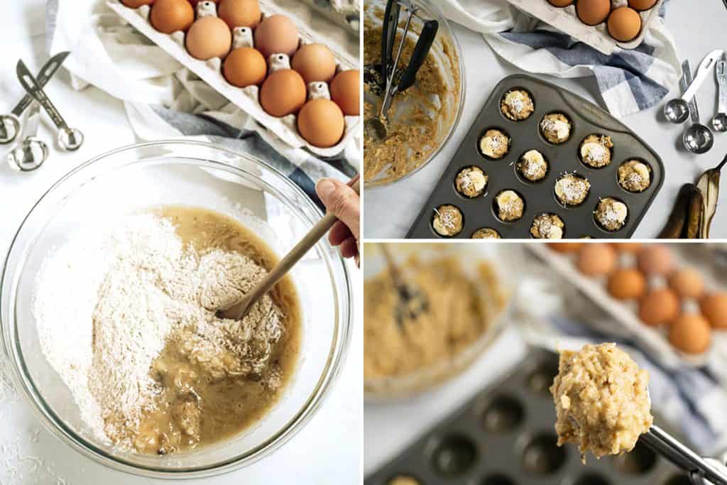 collage of photos for making coconut baby banana muffins. Left: image of the wet and dry ingredients being mixed together. Top right: mini muffin filled, read to go in the oven. Bottom right: mini muffin scoop filled with muffin batter.