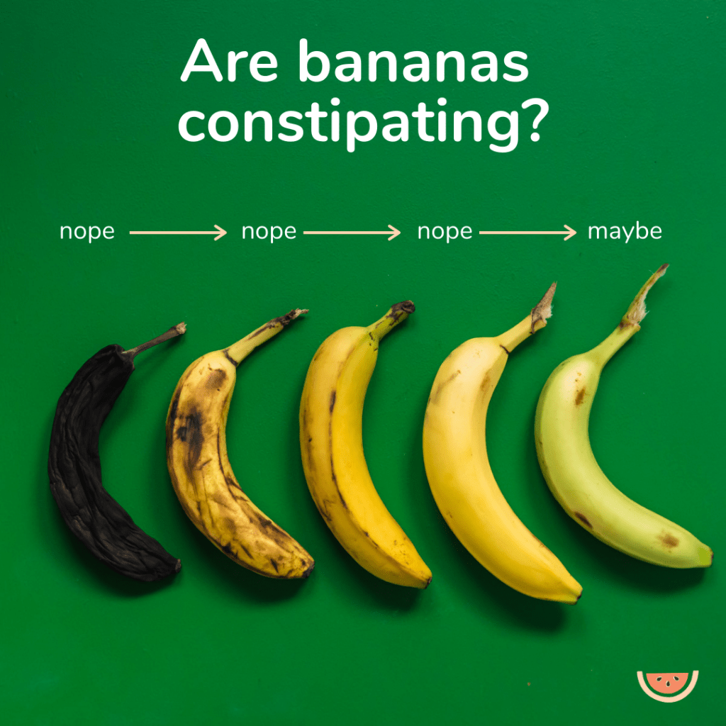 A line up of bananas at different stages of ripeness with the headline: do bananas cause constipation?