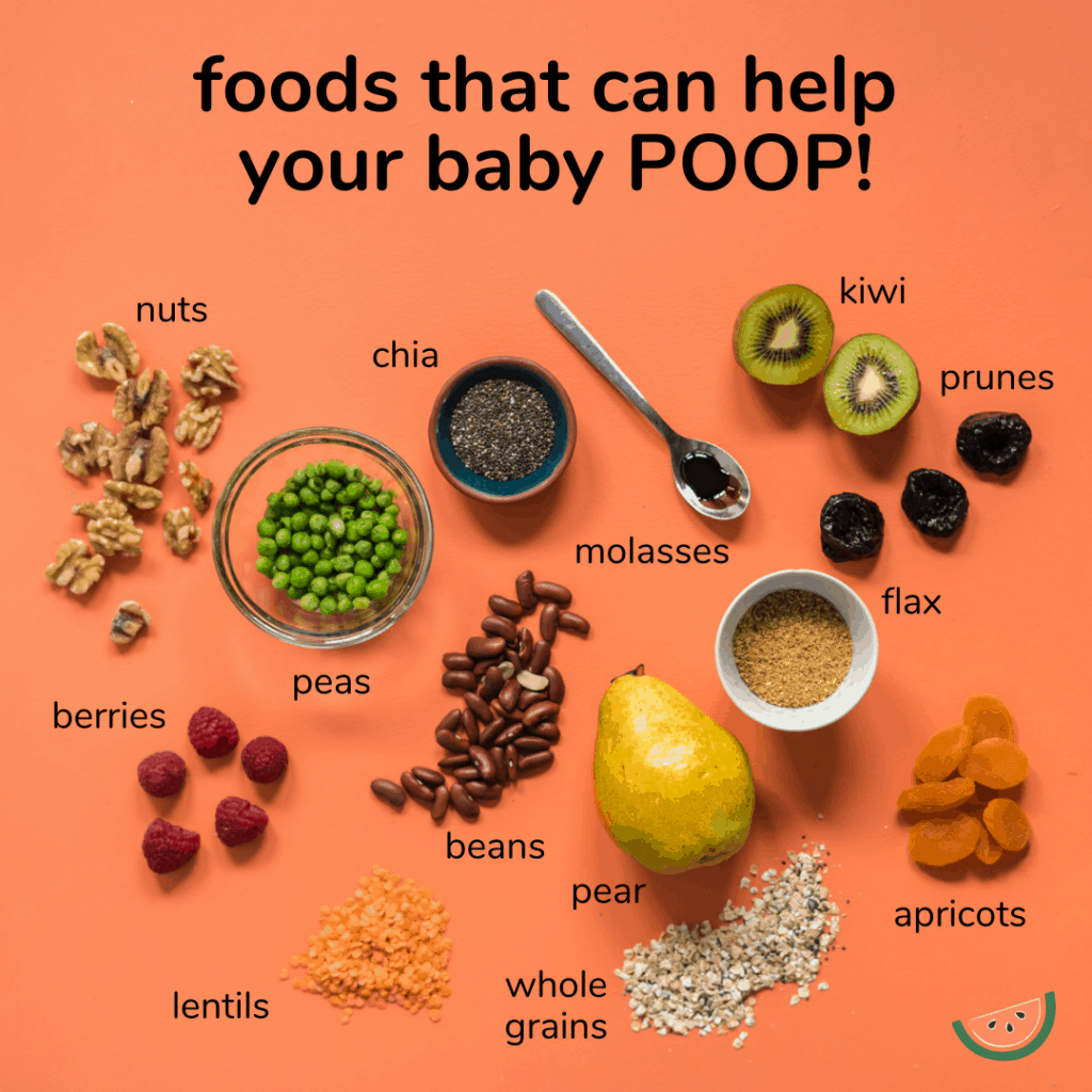Top down view of a variety of foods known to help babies poop.