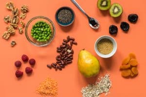 overhead view of various foods known to promote laxation in babies