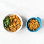 a side by side image of moroccan beef and lentils for mom and dad and for baby
