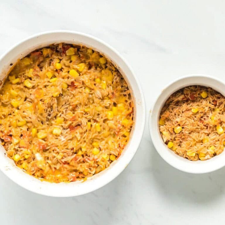 A casserole dish with tuna casserole with plates scooped for mama and baby to enjoy.