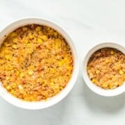 A side by side image of a tuna casserole modified to be baby friendly