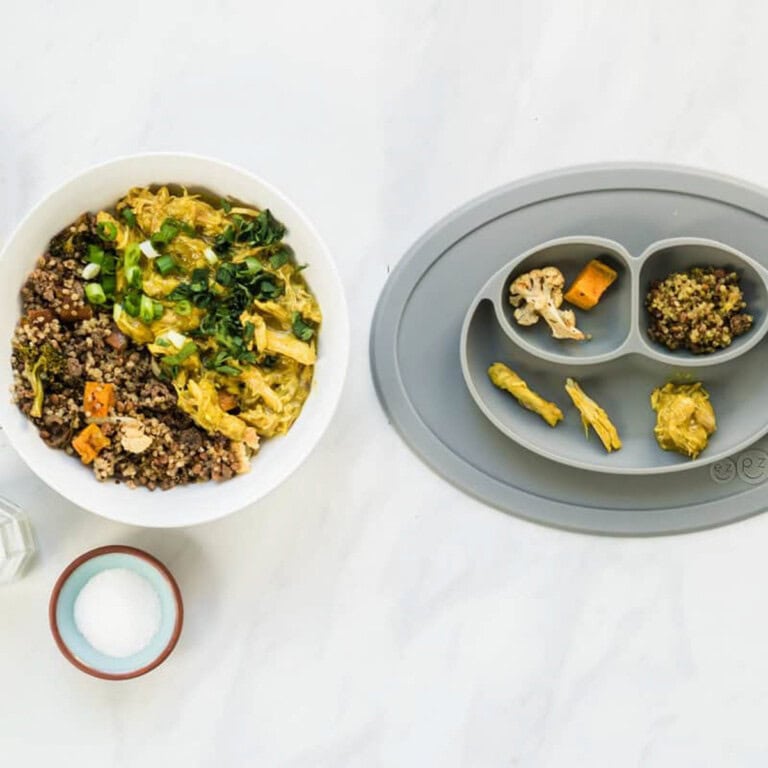 Side by side of family version and baby version of curry chicken