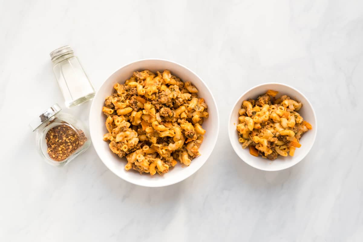 A side by side image of homemade hamburger helper suitable for baby and for the whole family