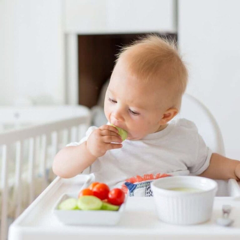 Blonde baby self-feeding cucumber in high chair