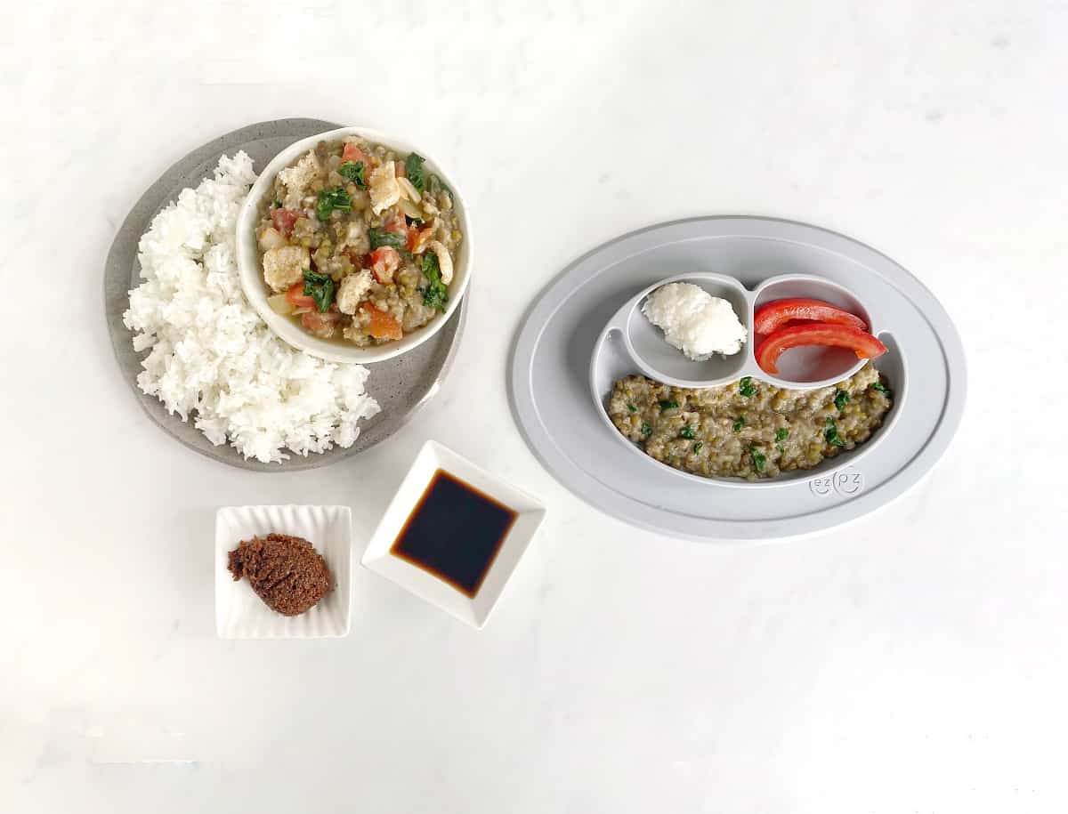 Side by side image of a filipino dish adapted to be baby friendly.