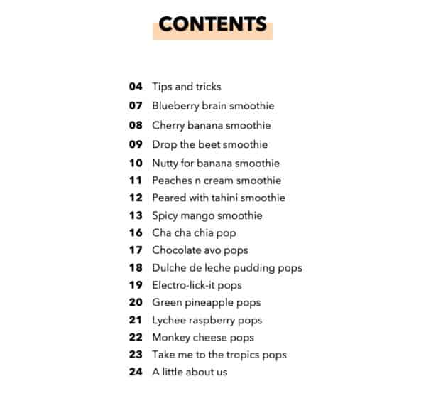 Table of contents for smoothie and popsicle ebook