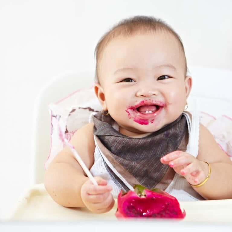 Happy baby wearing a bandana bib, sitting in a high chair, eating dragon fruit