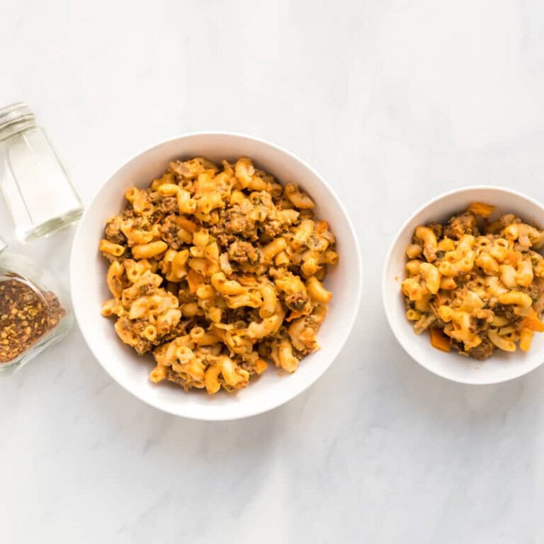 A side by side image of homemade hamburger helper suitable for baby and for the whole family