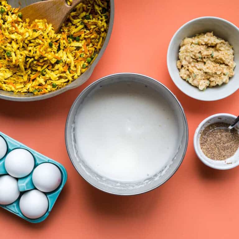 A variety of egg substitutes: scrambled tofu, aquafaba, flax egg, and chickpea salad sandwich mix