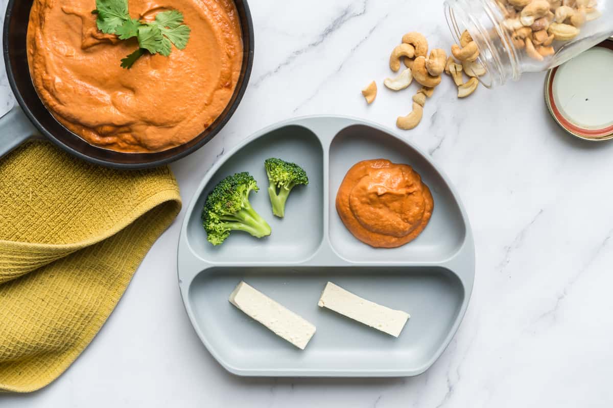 dairy free cashew korma sauce served to a baby with steamed broccoli and tofu