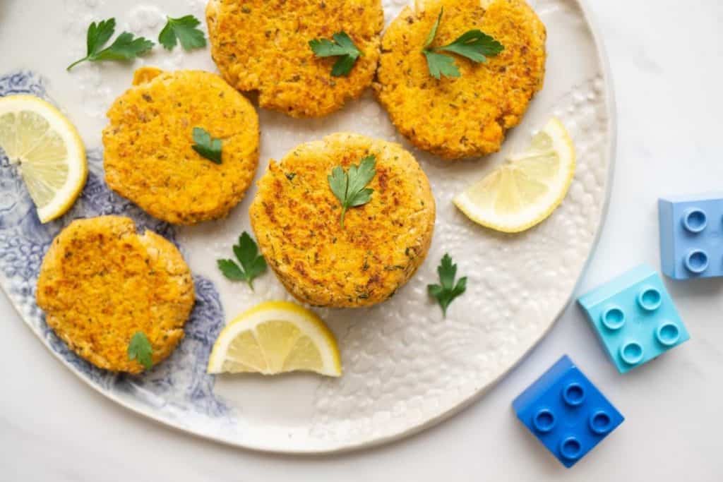 a plate of baby friendly salmon cakes