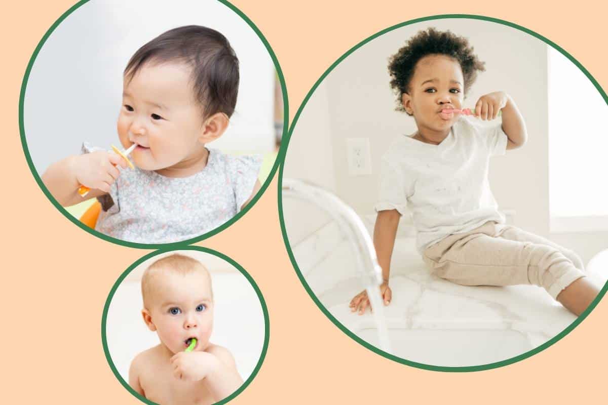 three images outlined in circles showing babies brushing their teeth