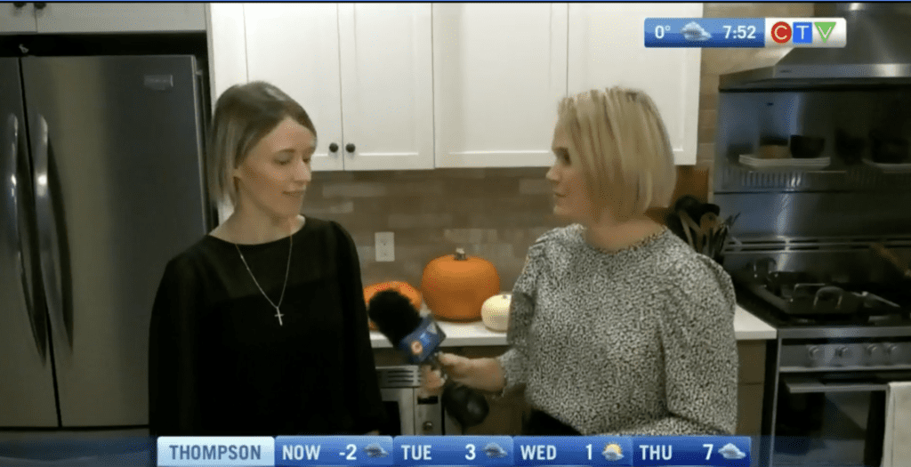 screen shot of Jessica Penner on CTV Winnipeg with Nicole Dube sharing about how to make easy fun healthy halloween snacks