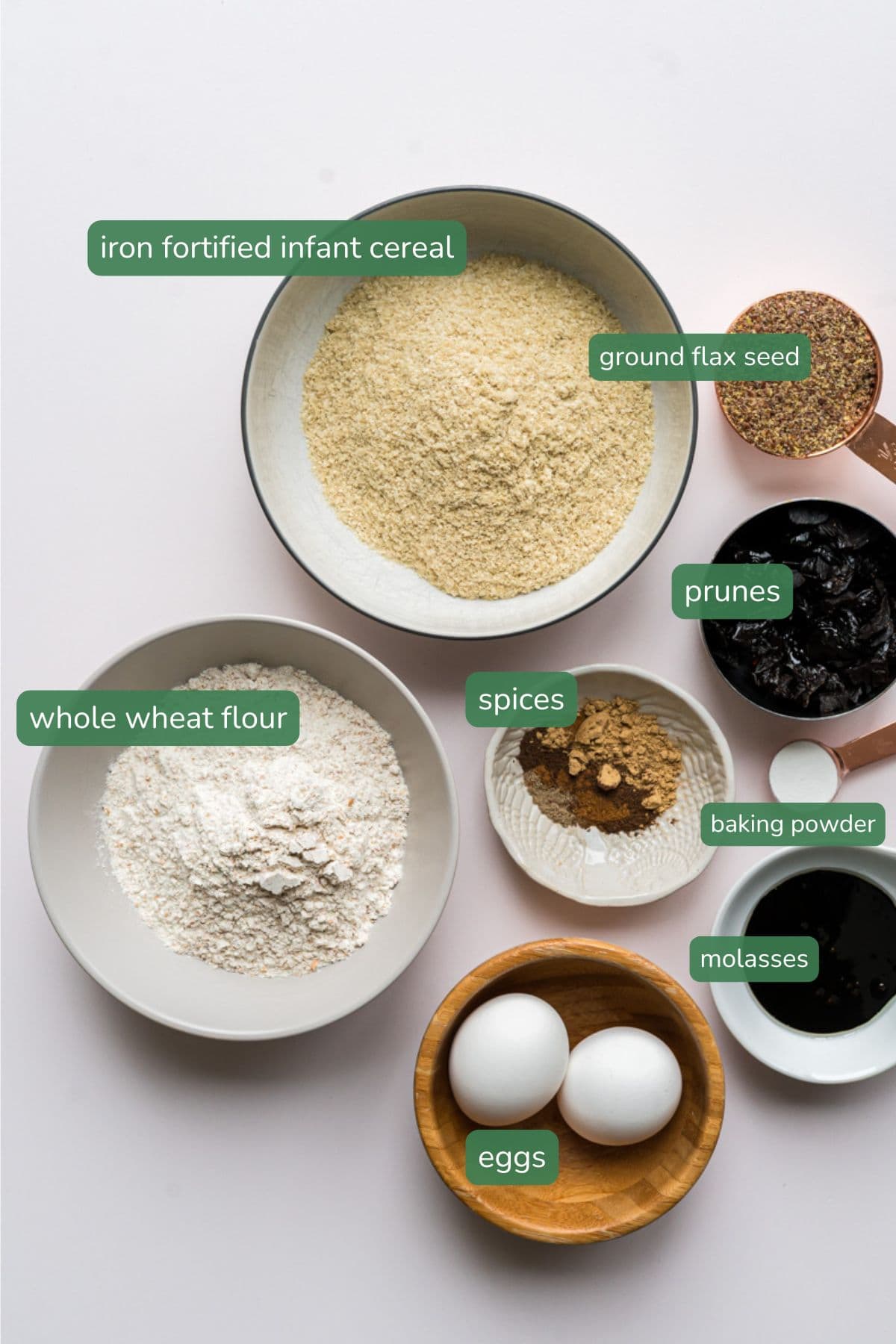 A labeled image of all the ingredients to make homemade teething biscuits. Includes iron fortified infant cereal for bonus iron.