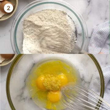 A collage of two images: dry ingredients whisked together and wet ingredients whisked together. These are to make lemon ricotta pancakes. 