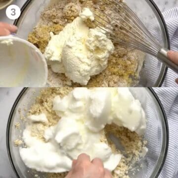 A collage of two photos: on the top the wet and dry ingredients for lemon ricotta pancakes are being mixed together. On the bottom the whipped egg whites are being carefully folded in. 