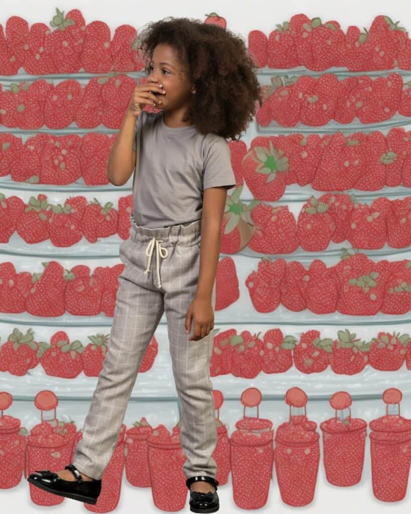 A girl standing in front of 90 cups of strawberries, meant to illustrate how much a child could safely consume and still not see any ill health effects from potential pesticide residues.