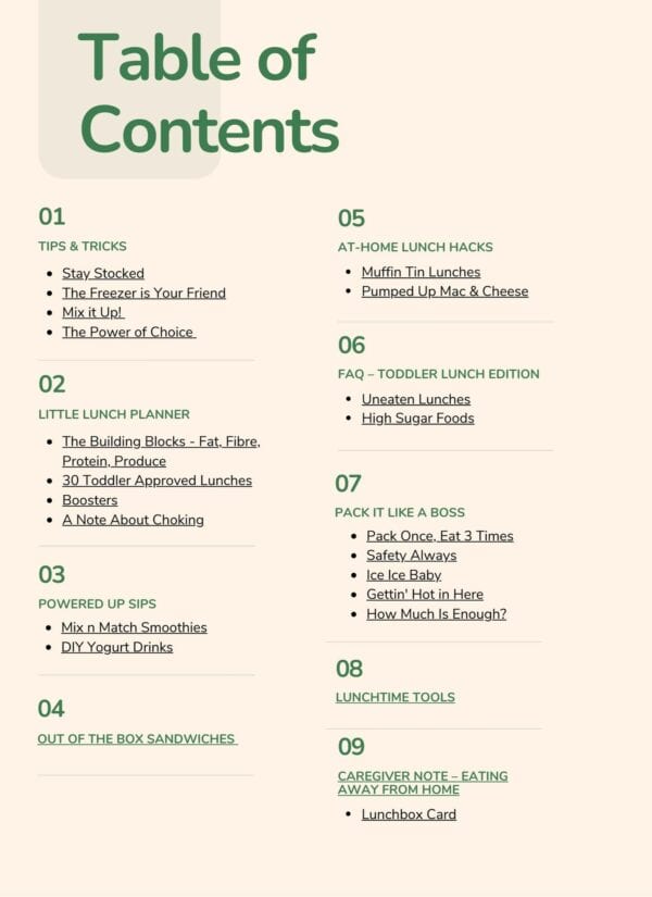 Table of contents for the Lunches for Littles guide