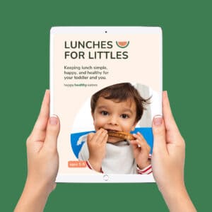 Two caucasian hands holding an ipad with the cover of Lunches for Littles displayed on it.