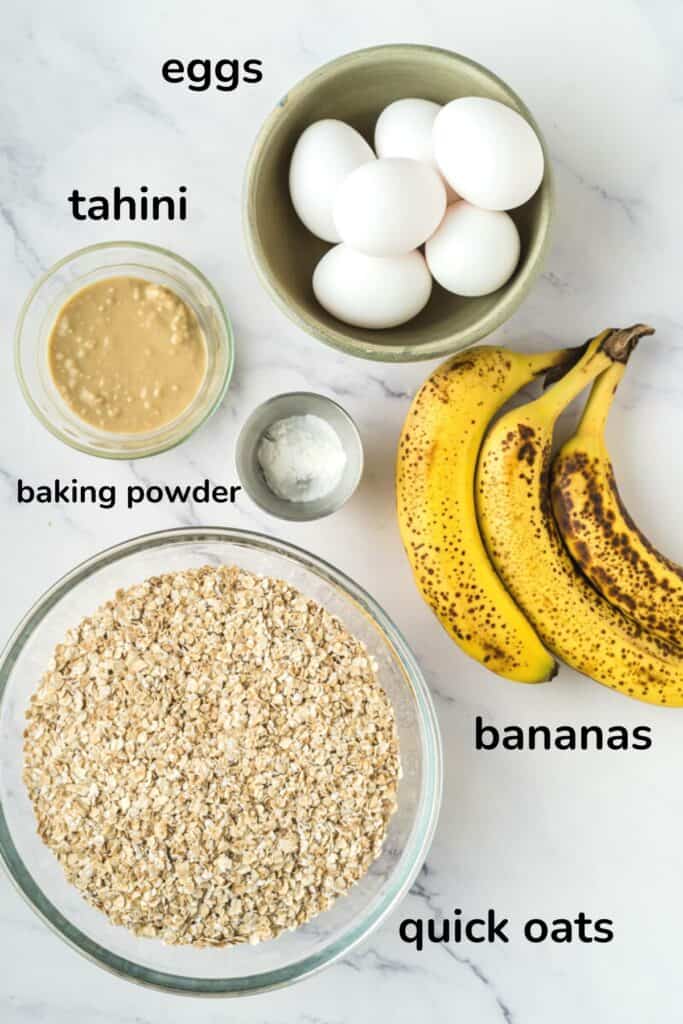 image of ingredients for porridge fingers: tahini, eggs, bananas, oats, and baking powder
