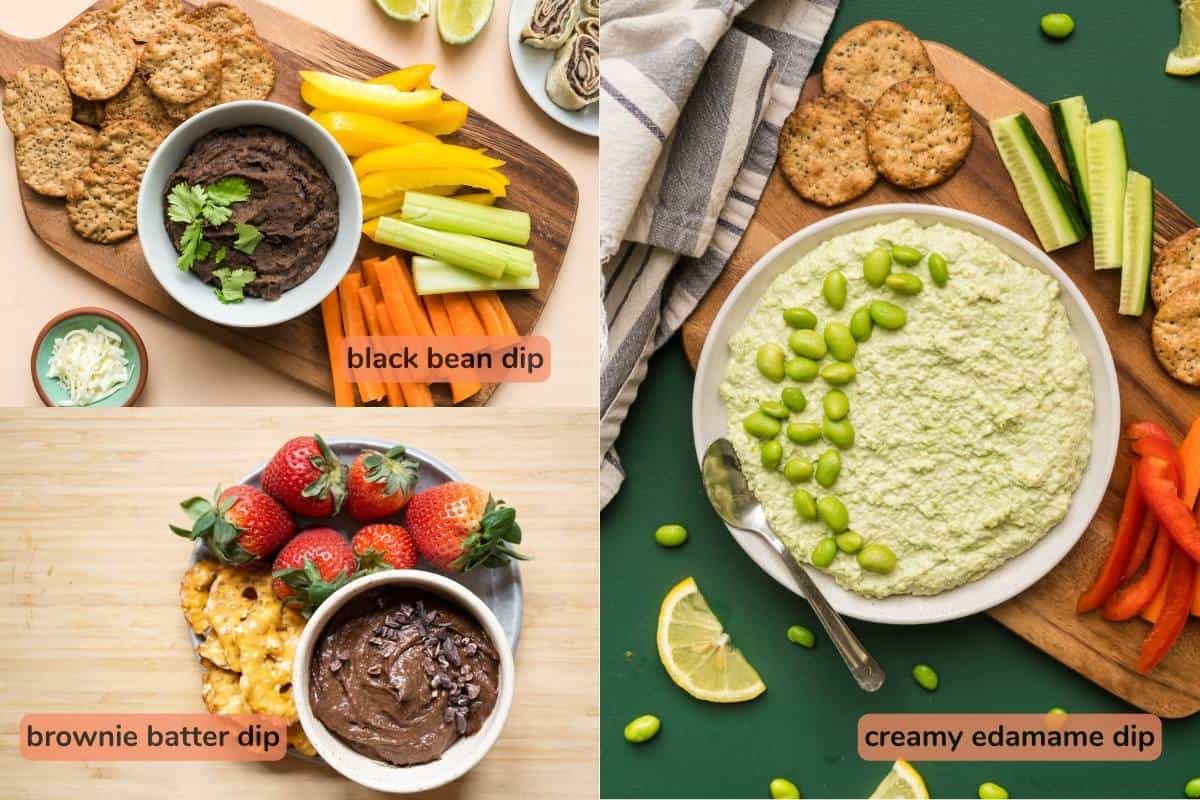 A collage of dipping snacks for kids: brownie batter dip, edamame dip, and brown bean dip.