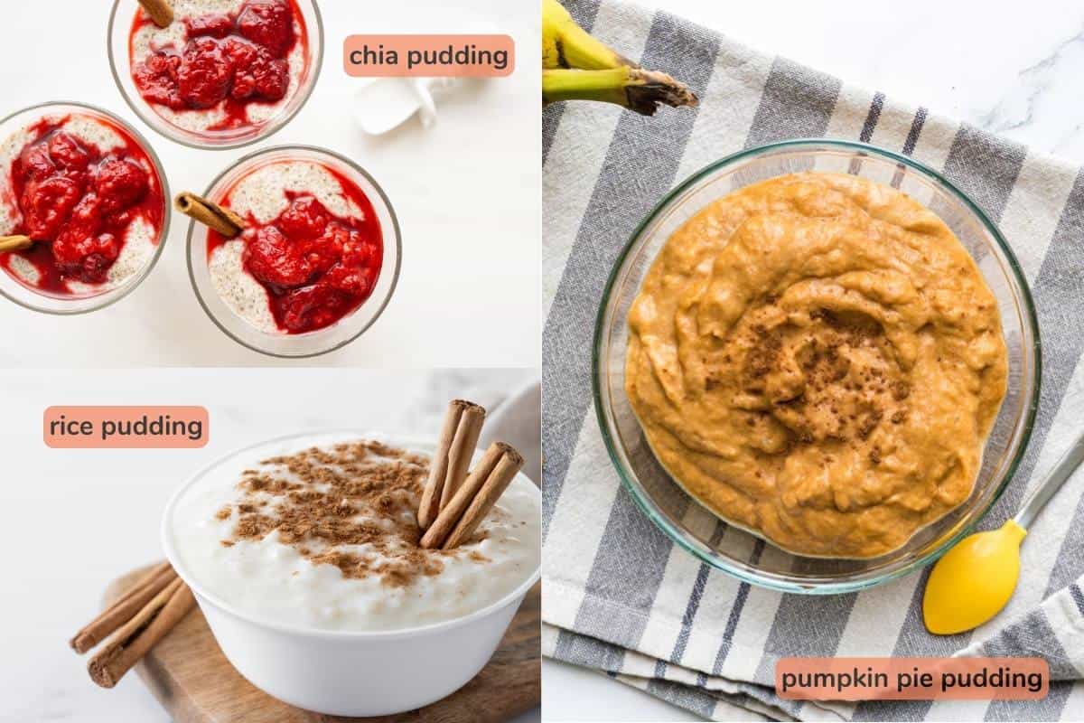 A collage of kid-friendly puddings.