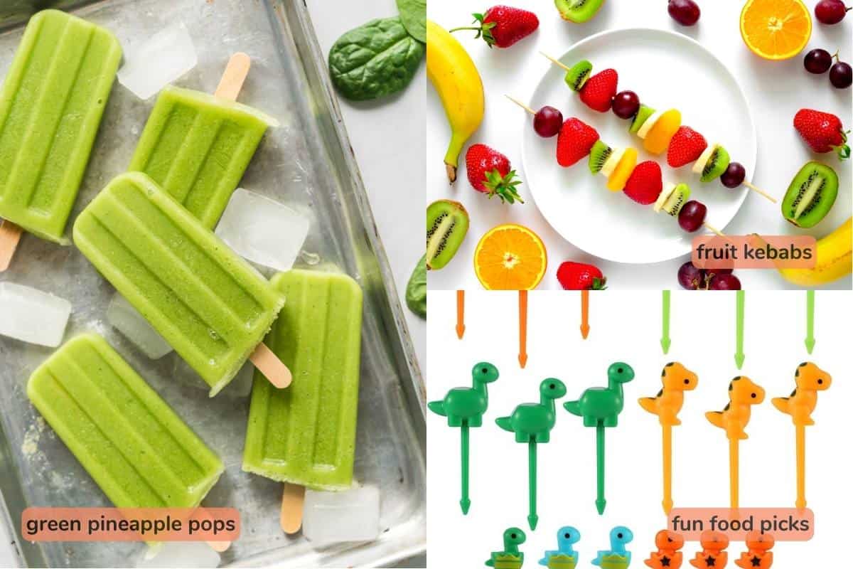 A collage of snacks kids can eat on sticks.