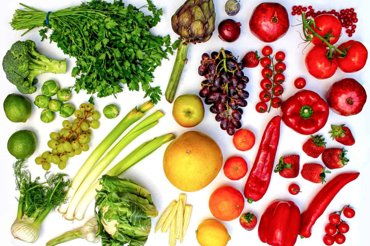 Flat lay image of a variety of colourful produce