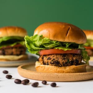 Three baby friendly black beans burgers in front of a green background.