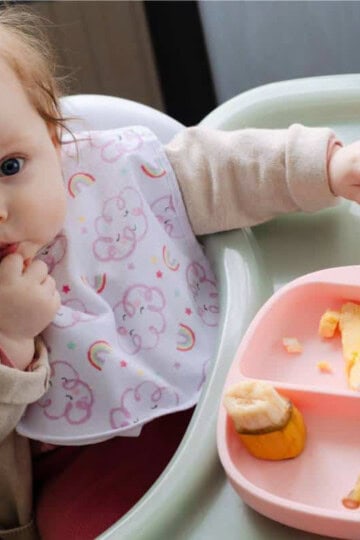 A baby in a high chair with a divided plate of food on tray.