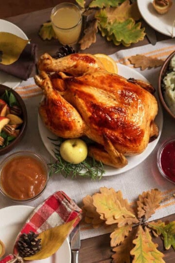 A table with turkey and the whole holiday dinner.