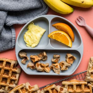 A baby plate suitable for a 9-10 month old that contains scrambled eggs, bite-size pieces of banana waffles, and orange slices.