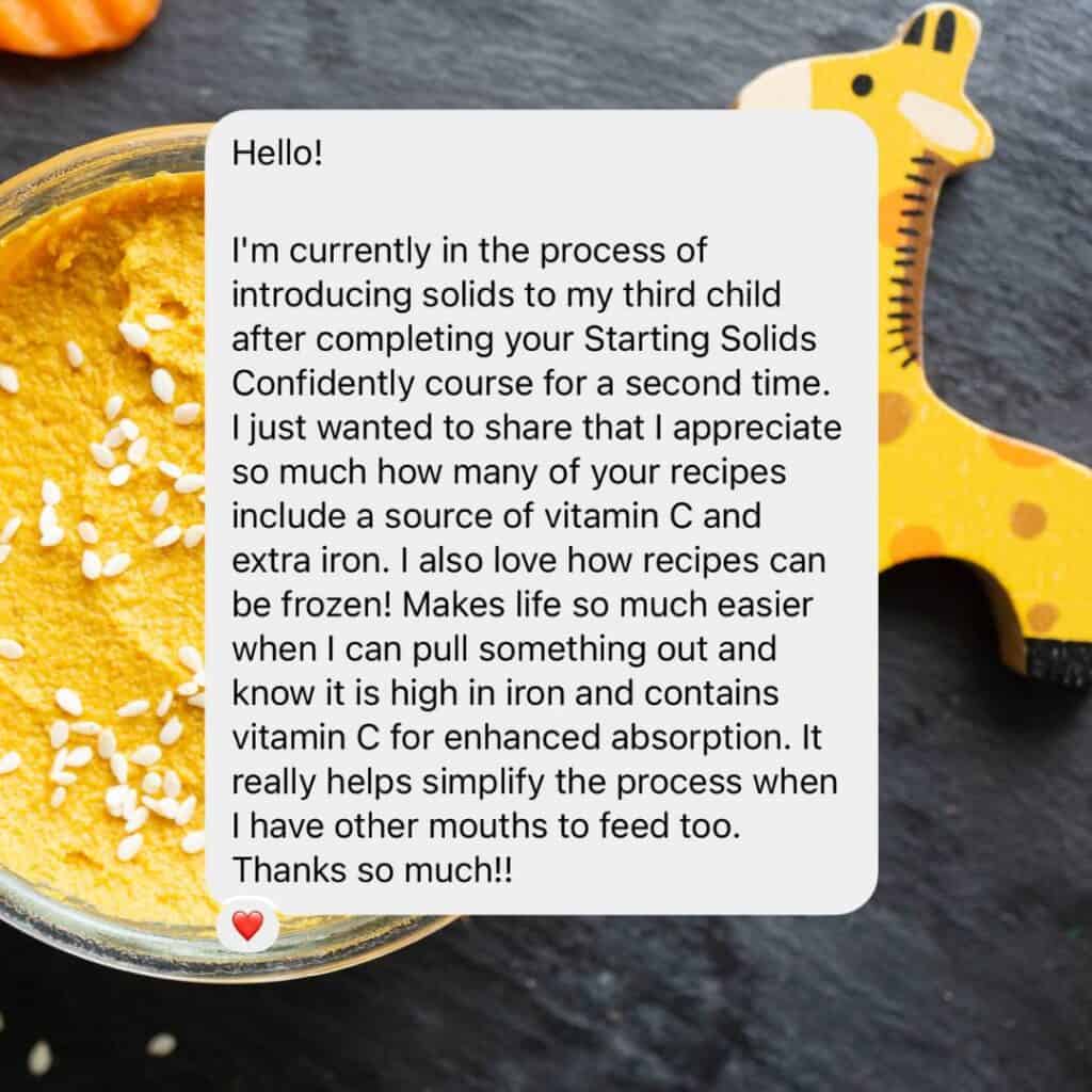A parent testimonial for Whole Food Recipes for Your Baby ebook.