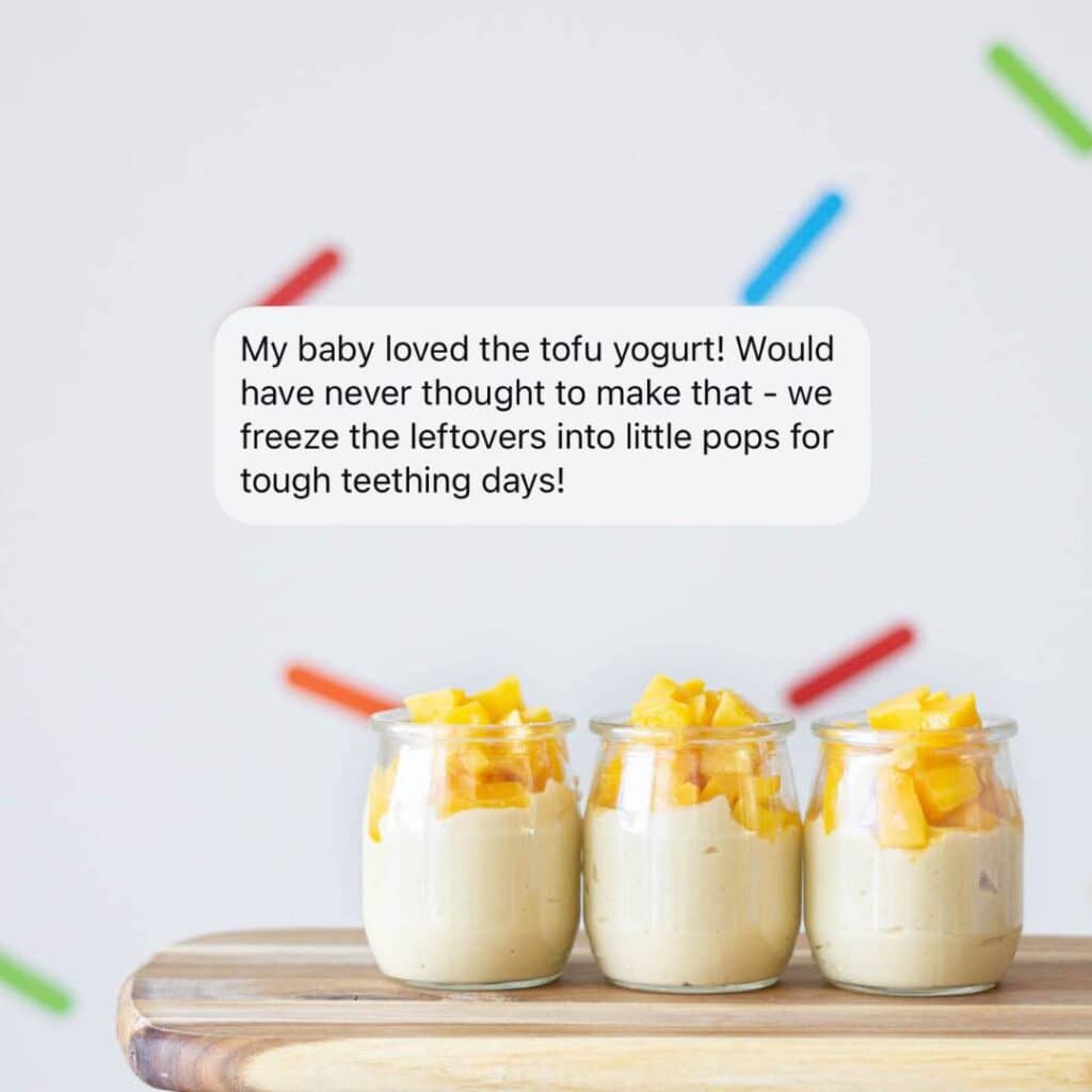 A parent testimonial for Whole Food Recipes for Your Baby ebook. Background image is for the fruity tofu yogurt.