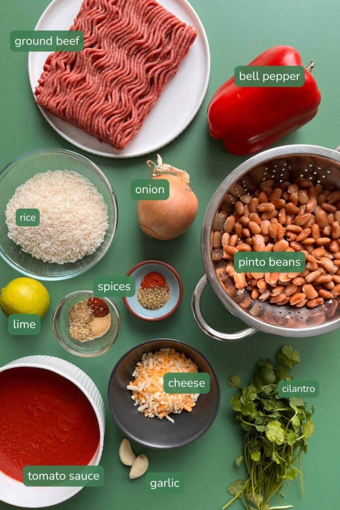 all the ingredients for sofrito beef beans and rice labeled.