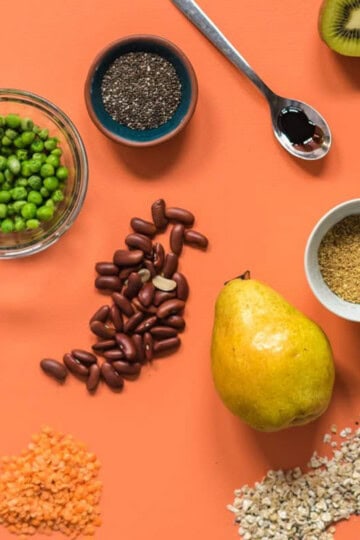 A collage of laxative foods for a constipated baby.