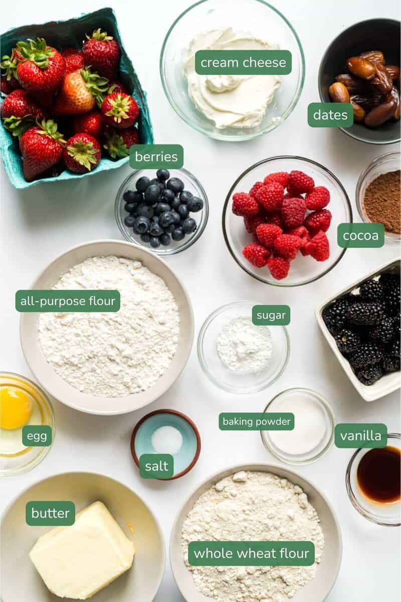 Labeled ingredient image for a toddler friendly healthier fruit pizza recipe.