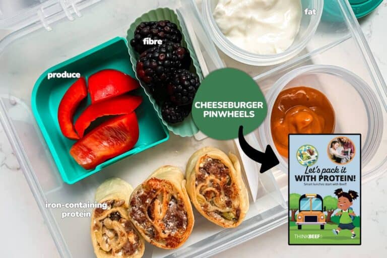 A balanced kids lunchbox featuring a recipe from Canada Beef's Pack It With Protein booklet- cheeseburger pinwheels.