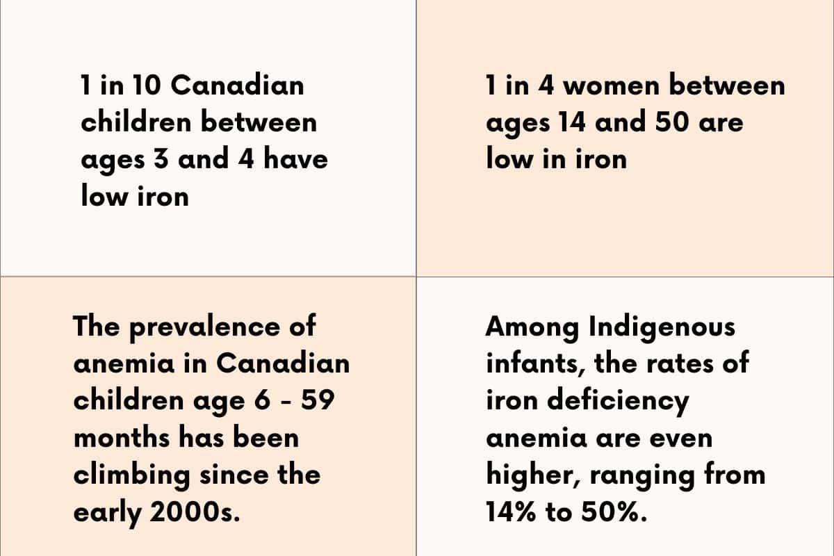 An infographic sharing the staggering rates of iron deficiency in Canada: 1 in 10 Canadian children between ages 3 and 4 have low iron, 1 in 4 women between ages 14 and 50 are low in iron, The prevalence of anemia in Canadian children age 6 - 59 months has been climbing since the early 2000s, Among Indigenous infants, the rates of iron deficiency anemia are even higher, ranging from 14% to 50%.