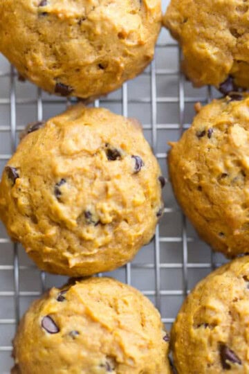 pumpkin chocolate chip cookies on cooling rack