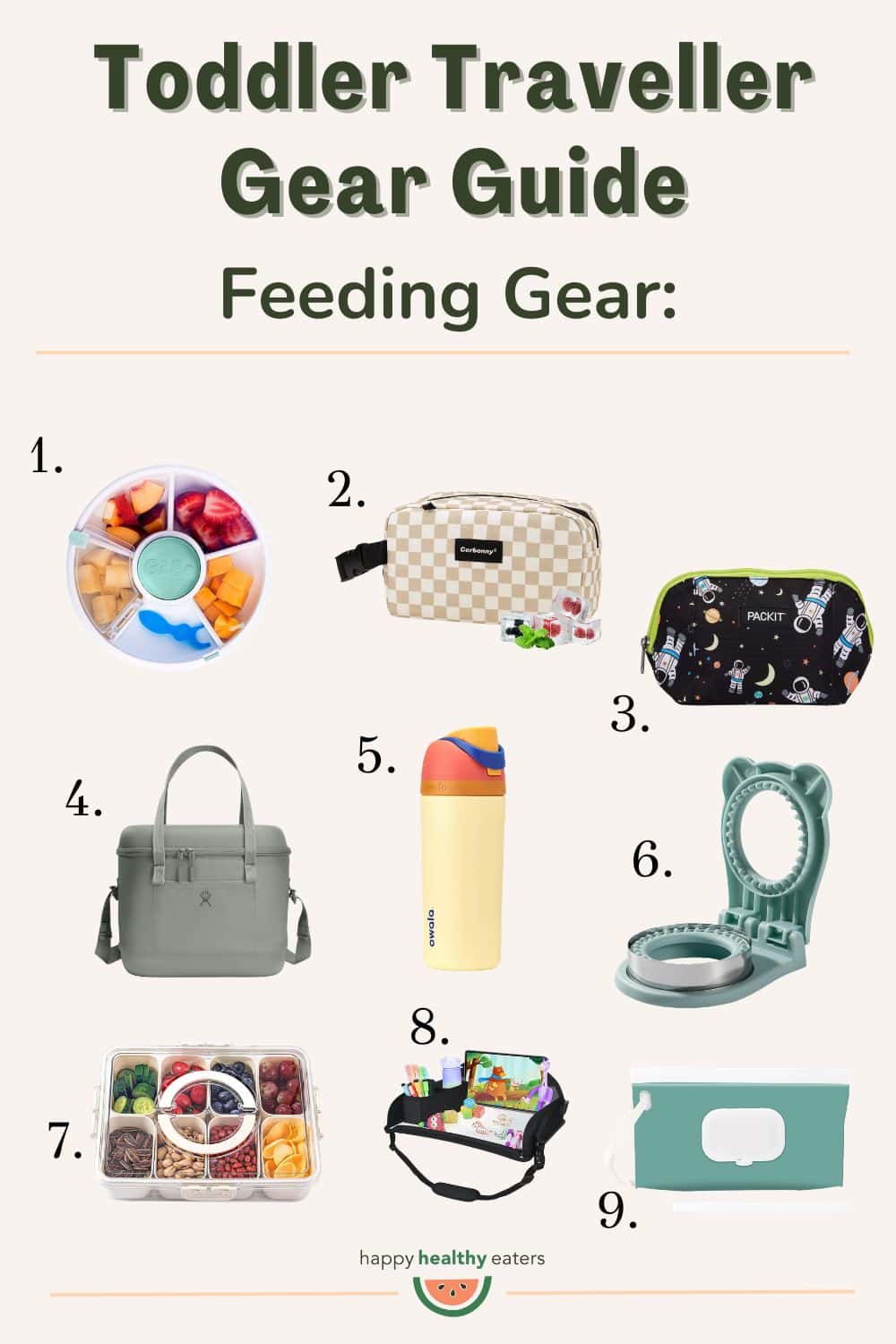 A collage of recommended toddler travel feeding gear by Registered Dietitians.